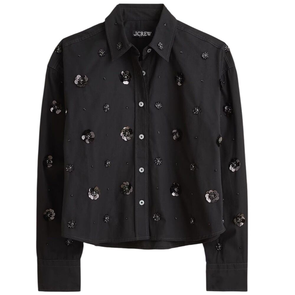 J‎ Crew Etienne Shirt Womens M Black Embellished Cropped Button Up Poplin